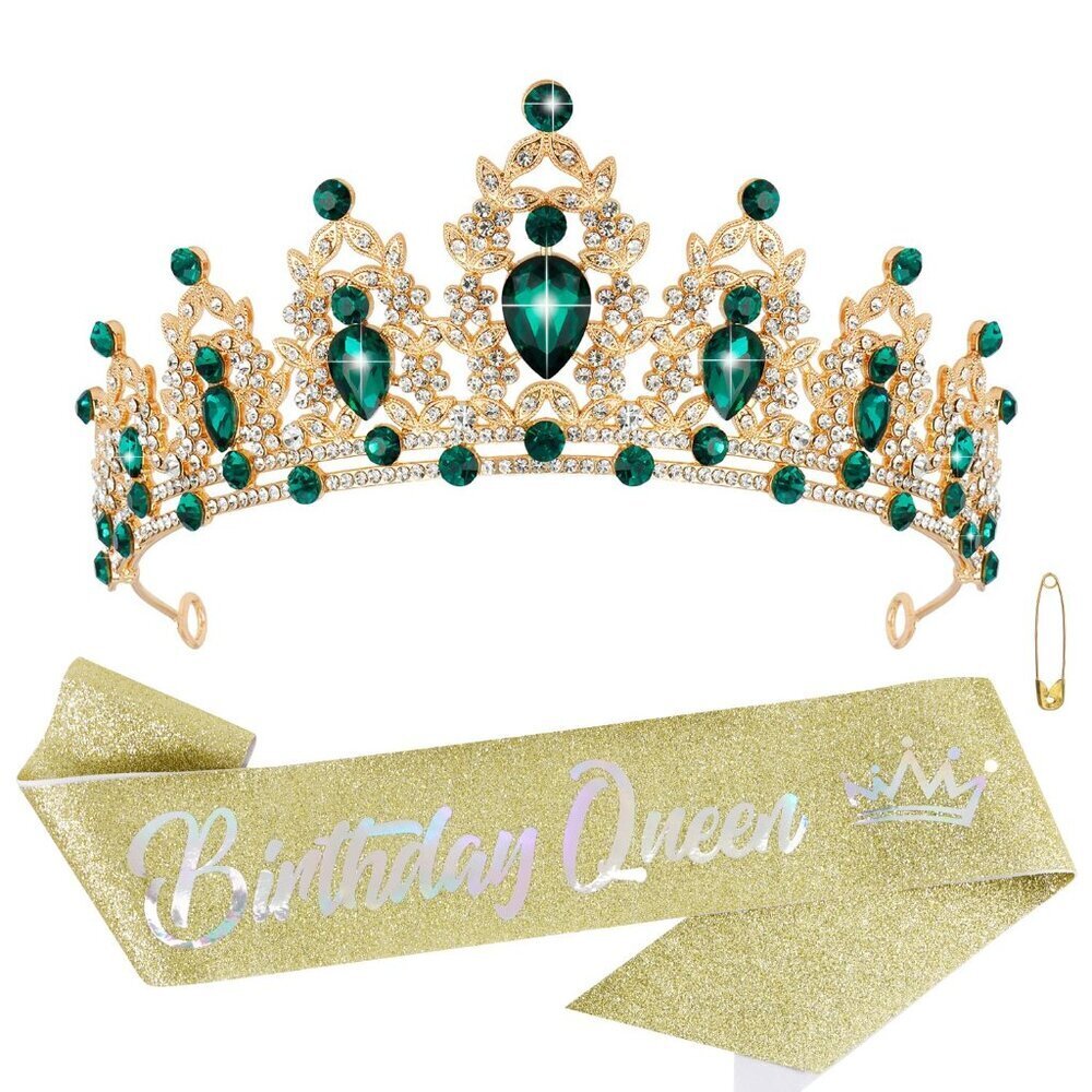 Green Crystal Rhinestone Tiara and Sash for Weddings Quinceanera Prom